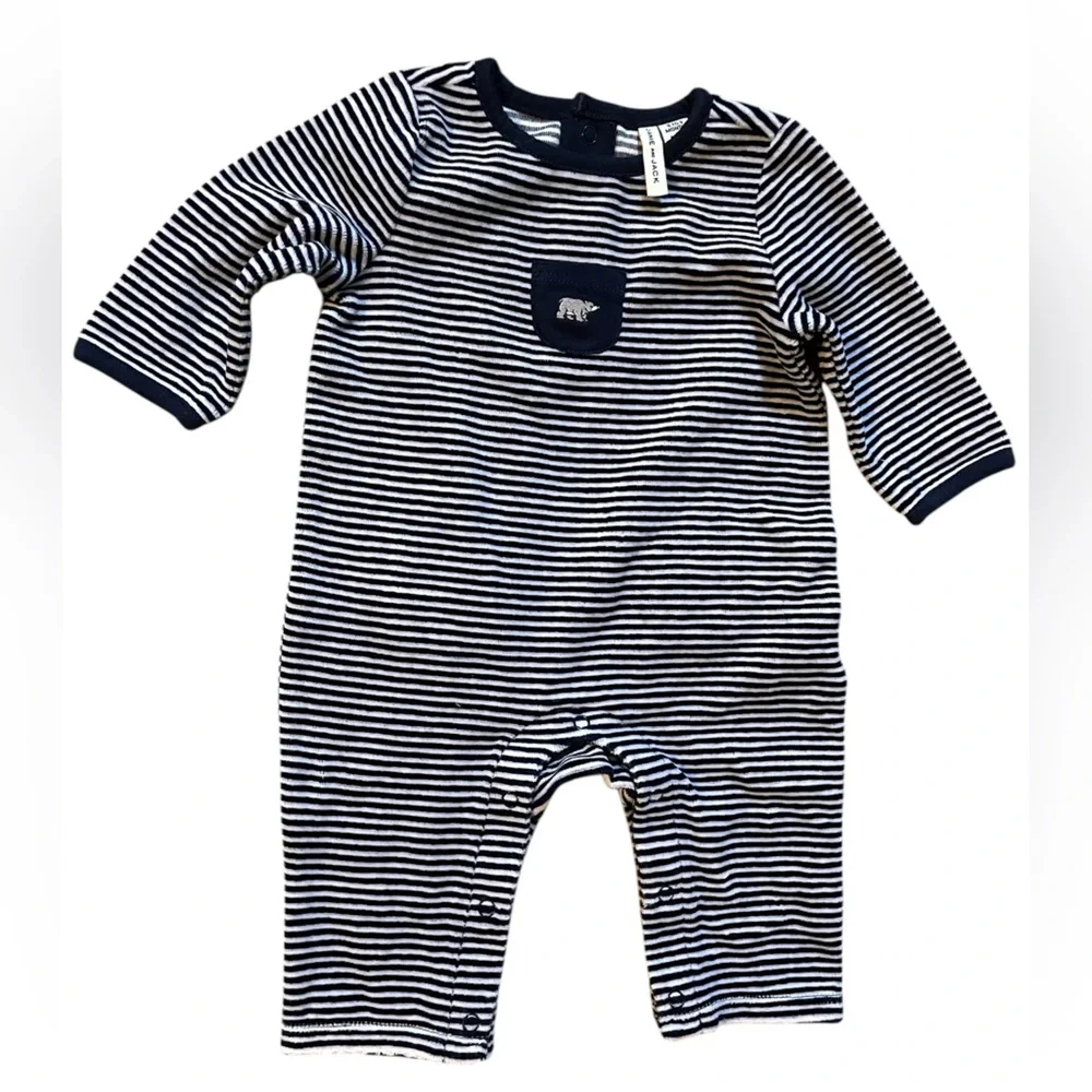 Janie and Jack 0-3M Long‎ Sleeve Bear Outfit Navy Striped Button-Up NWOT